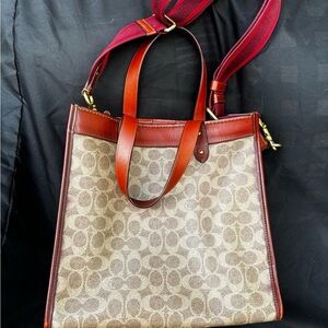Coach Canvas Signature Tote with Chestnut Leather Trim and Red Strap